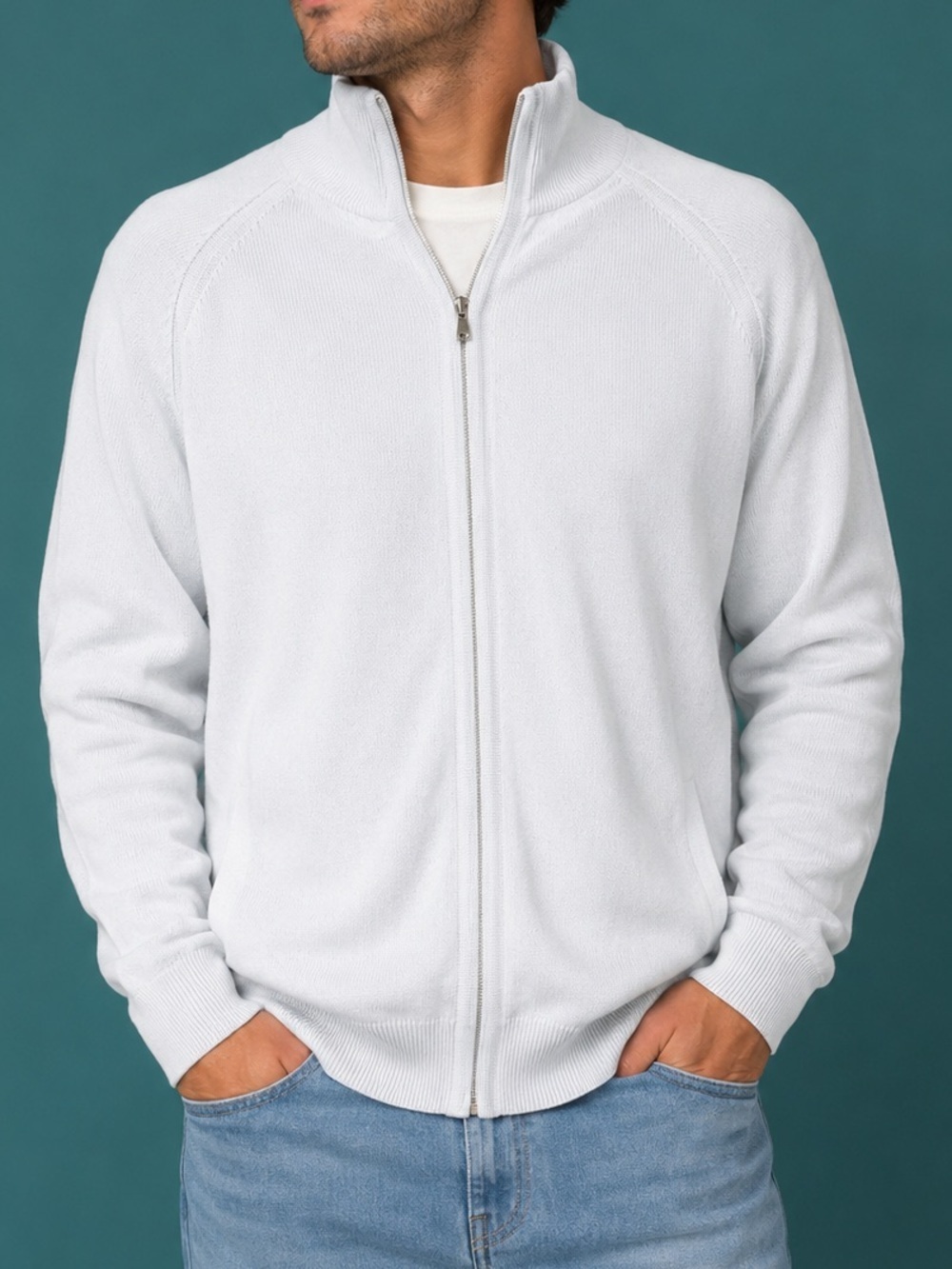 Calvin Klein White Full Zip Sweater Jacket Large Minimalist Luxe Casual Layer